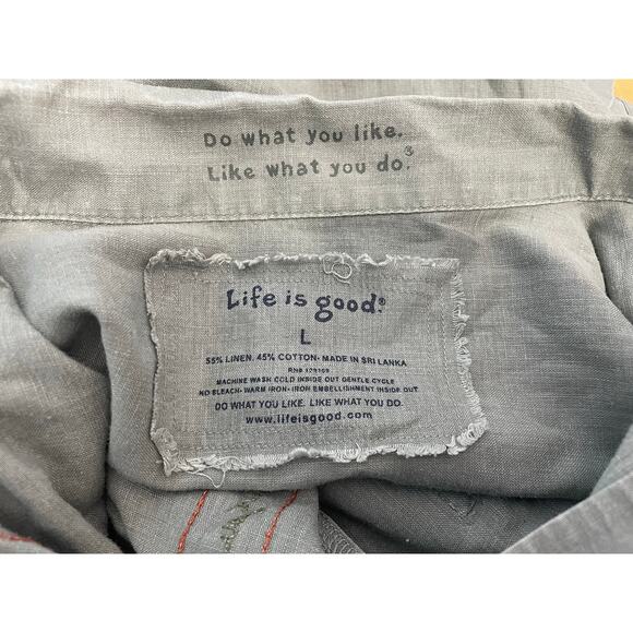 Life Is Good Linen Blend Camp Shirt Large Green Gorpcore Summer Hiking - Picture 5 of 5